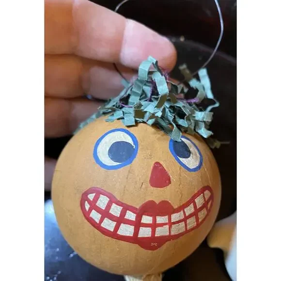 Vintage Folk Art Primitive Hand Made Paper Mache Halloween 3 Set Ornaments - Picture 4 of 9